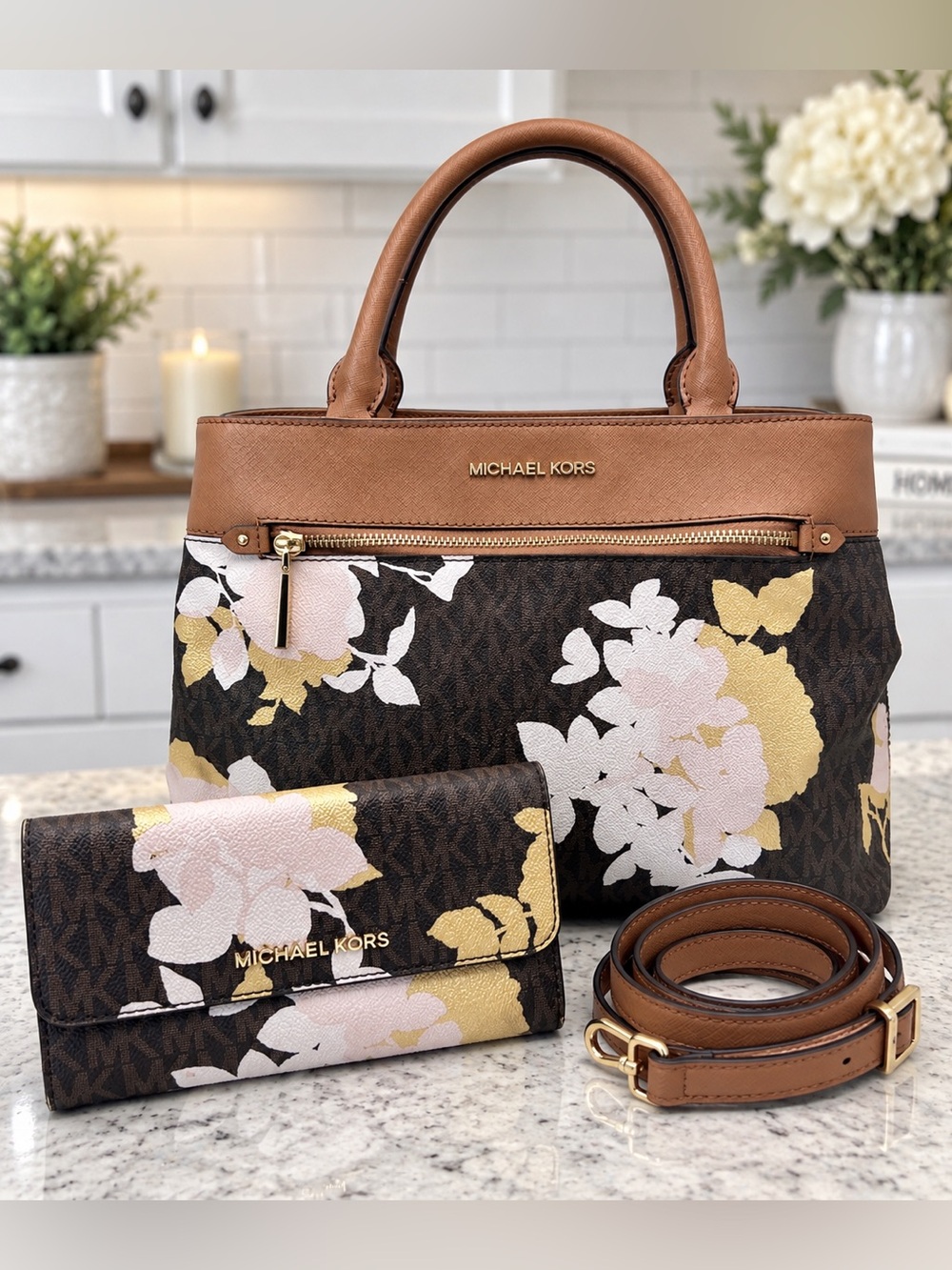 Michael Kors Hailee Floral Signature Satchel + Matching NWOT Wallet Set